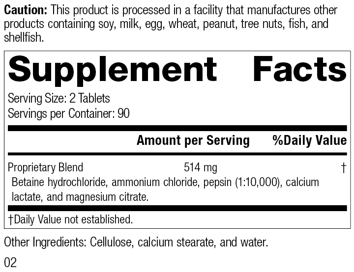 Betaine Hydrochloride, 180 Tablets - Standard Process Inc